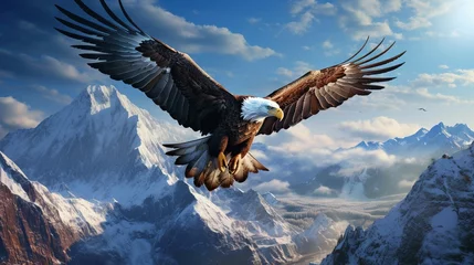 Fotobehang  an eagle soaring over a mountain range with mountains in the background.  generative ai © Anna