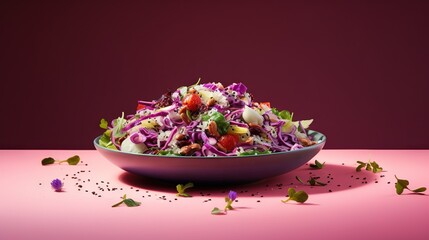  a purple bowl filled with coleslaw on top of a pink table.  generative ai