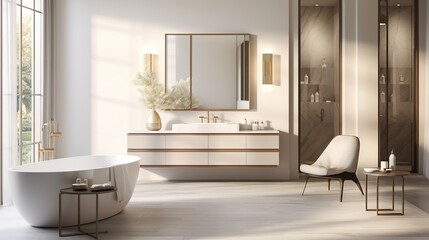 Fototapeta na wymiar a bathroom with a tub, sink, mirror and a window. generative ai