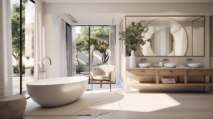  a bathroom with a large bathtub and a large mirror.  generative ai