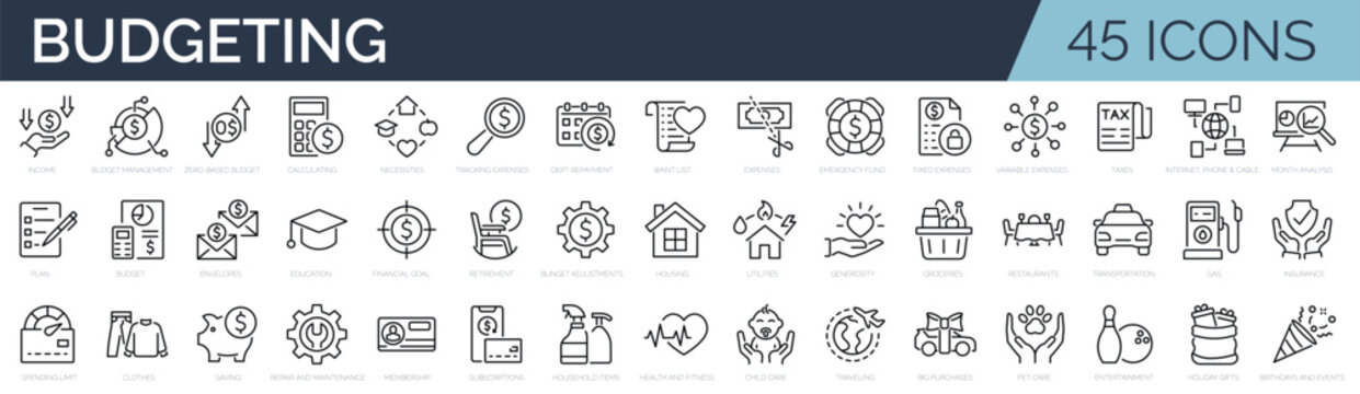 Set of 45 outline icons related to budgeting. Linear icon collection. Editable stroke. Vector illustration
