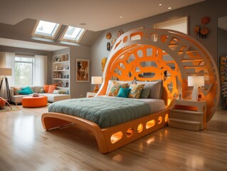 modern comfortable bedroom with orange blue accent with big window and soft light