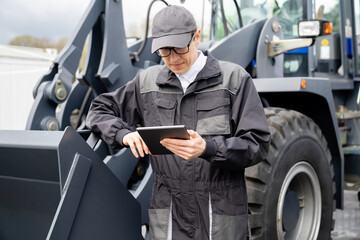 Serviceman with digital tablet on a background of the tractor.