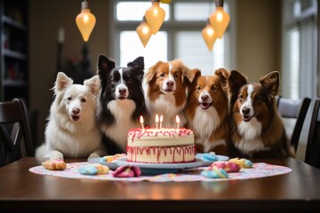 Photo celebrating a very happy dog's birthday with a colourful birthday cake, food and party decorations along with their canine friends. Created with AI technology
