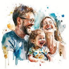 Happy Intelligent family dad, mom and daughter laughing in isolation on a white background