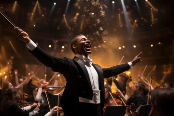  A close-up of an orchestra conductor in full swing
