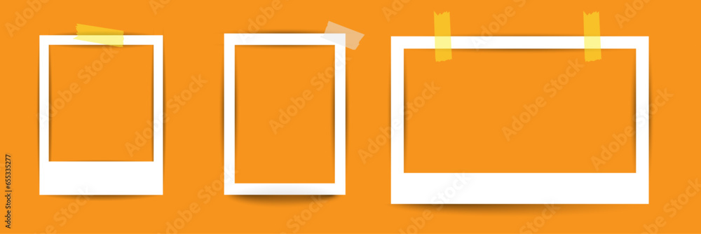 Poster set of three empty polaroid photo frames on orange background