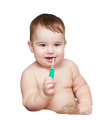A small child brushes his teeth. Isolated on white background. Evening water procedures. Body hygiene.