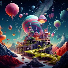 空には気球や風船や惑星が浮かんでいるカラフルな世界で夢の国に向かう一本の道がある絵