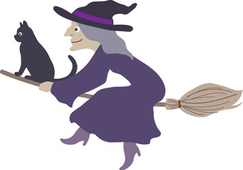 Halloween editable vector illustration element of cute, fun and spooky flying wicked witch in purple costume with a cat on the broom