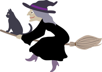 Halloween editable vector illustration element of cute, fun and spooky flying wicked witch in black costume with a cat on the broom