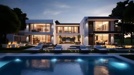 Fototapeten 3d rendering of modern cozy house with pool and parking for sale or rent in luxurious style by the sea or ocean. Clear summer night with many stars on the sky. © Iman