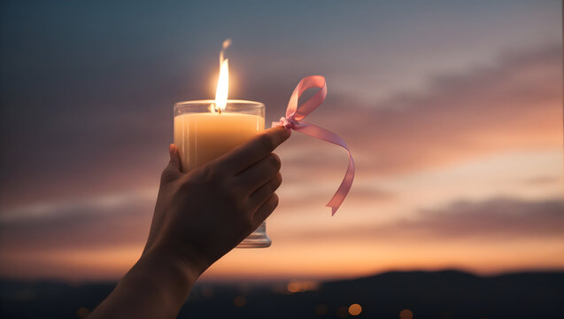 close-up image of a person's hand holding a lit candle with a cancer awareness ribbon tied around it, against a backdrop of a serene evening sky.