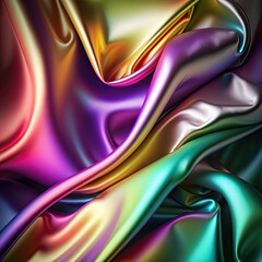 Rainbow iridescent abstract shiny plastic silk or satin wavy background.