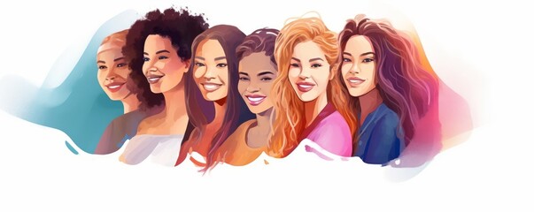Happy women group for International Women’s day , watercolor style illustration. Generative AI