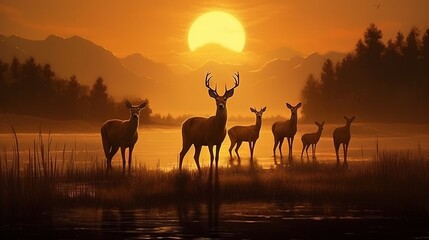  a group of deer standing next to a lake at sunset.  generative ai