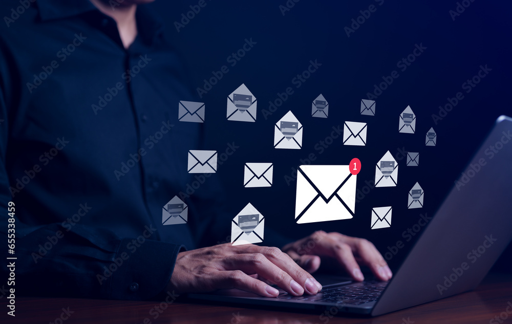 Poster businessman checking email and sending email on computer. new e-mail notification concept for busine