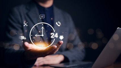 Businessman holding clock and icon contact 24 hr support services on for nonstop and full-time available. Assistance customer services, deliver, Call center, Care and consulting client 24 hr, 27-7,