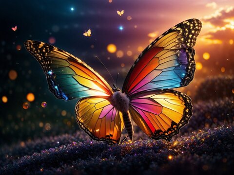 Fototapeta butterfly in the night, fantasy butterfly, gorgeous rainbow colors