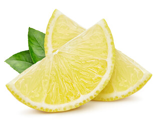 Lemon slice with clipping path. Lemon citrus isolated on white background. Lemon with leaves