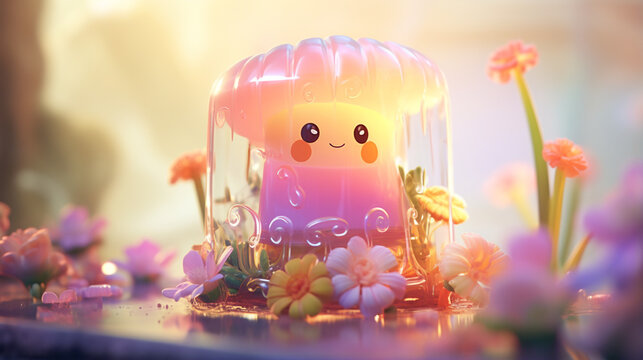 cute jelly monster in food place, generative ai