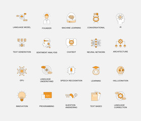 Large Language Model Icon Set. Vector Line Icons for AI Concepts. AI language model icon, Natural language processing icon, Text generation icon, Deep learning icon, and Machine learning icon. 
