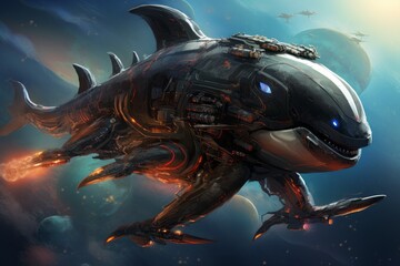 Battle orca in space, science fiction killer whale ship - obrazy, fototapety, plakaty