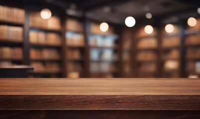 Beautiful natural wooden table with library background - obrazy, fototapety, plakaty