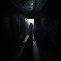 A dark and scary room, with the reflection of a black creature standing in the corner of the room. Good for blogs, websites, films, content, etc. Generative Ai images