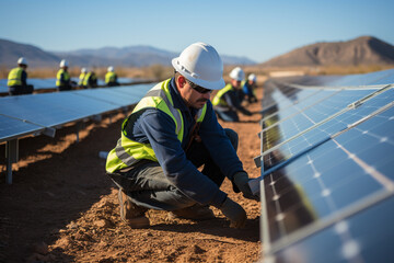 Side view of a group of technicians performing solar panel maintenance.