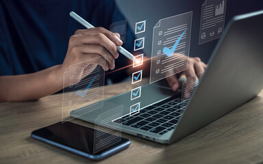 Document management checklist digital online form concept. Online survey filling out and digital...