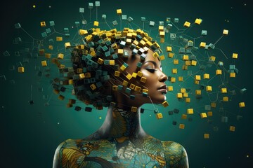 Empowered Mind: African Woman with Glowing Brain Circuits on a Green Background. Thinking or artificial intelligence. - obrazy, fototapety, plakaty