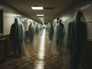 group of ghosts in the corridor of a hospital or medical center. Generative AI