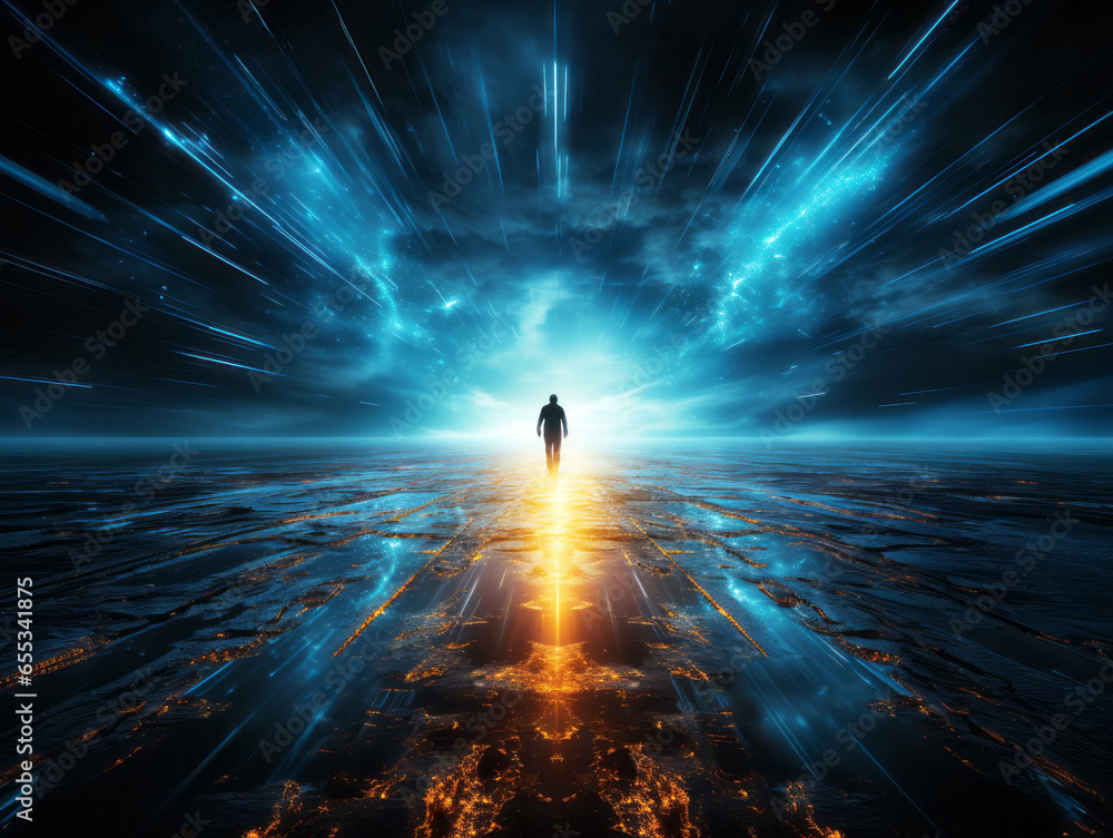 Aufkleber Man standing in the center of a futuristic space. Generative AI