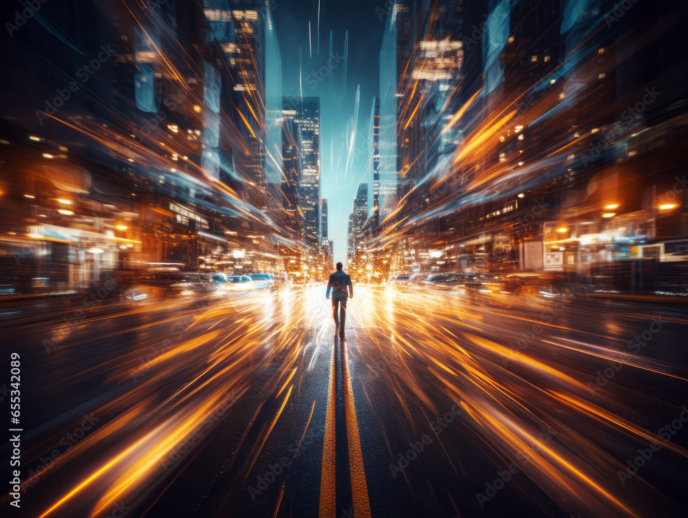 Poster man on the road with motion blur to create vision of the city. generative ai
