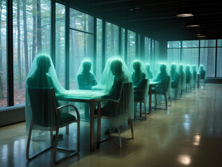 Fototapeta na wymiar interior of a restaurant with ghosts in the fog. Generative AI