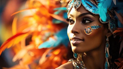 Acrylic prints Carnival Colorful masks and feathers adorn dancers at Rio Carnival