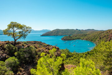 Datca. Mugla, Turkey. Beautiful bay view with turquoise water and green forest.