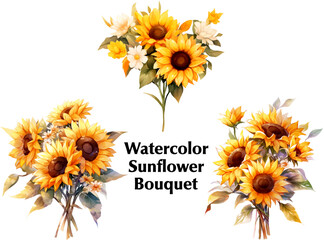 Watercolor Flower Bouquet, Blue Sunflower Floral Illustration for Wedding Invitation Card