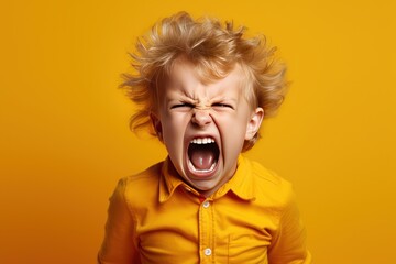 Children hysterics. Angry irritated boy. Emotional portrait of an upset preteen boy screaming in anger. Full of rage. Requirements for parents. Wrong perception. Reason to be child free. - obrazy, fototapety, plakaty