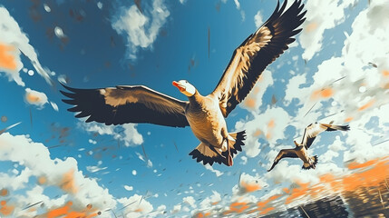 geese flying in the daytime sky vincent van gogh style, with high contrast composition style, ai generative - Powered by Adobe