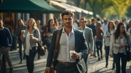 A confident businessman in sharp attire walks down a bustling street to his workplace, carrying a shoulder bag and coffee. - obrazy, fototapety, plakaty