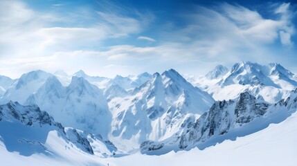 Fototapeta na wymiar Panorama of snow covered alpine mountain peaks and valleys in winter