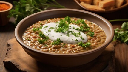  a bowl of soup with sour cream and parsley on top.  generative ai