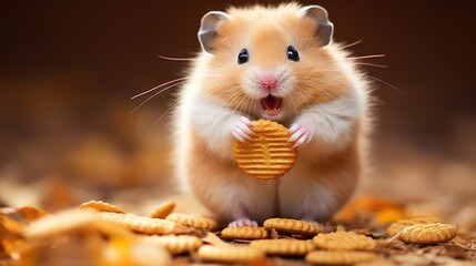  a hamster eating a cracker and looking at the camera.  generative ai