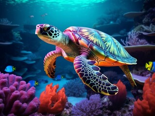 Naklejka premium A turtle swims over colorful corals in the ocean generative ai