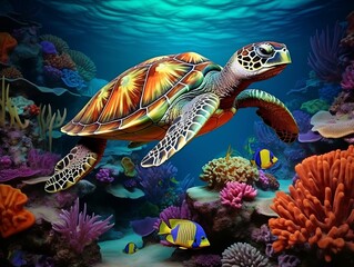 Naklejka premium A turtle swims over colorful corals in the ocean generative ai