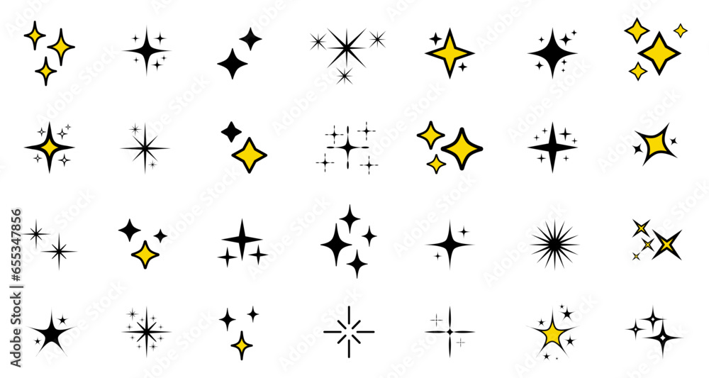 Wall mural stars set icons logo, social media stories icon, different sparkle gold star shapes icon collection,