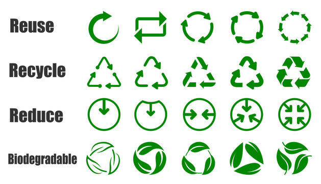 Reduce reuse recycle and biodegradable set icons for environmental concept of ecological waste management, sustainable and economical lifestyle signs collection - stock vector