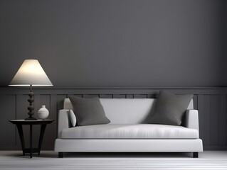 White sofa and a table lamp in a dark brown and gray room generative ai